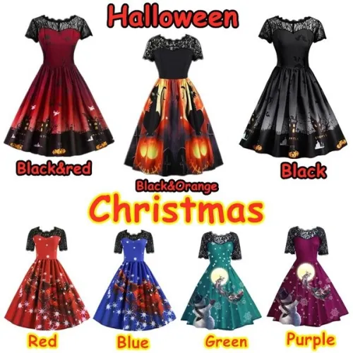 2020 Women Fashion Retro Lace Xmas Dresses Elegant Short Sleeve Santa Claus Snowman 3D Print Pleated Dress Halloween Costume Knee Length Party Dresses