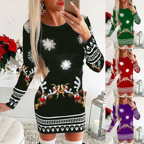 Women's Fashion Long Sleeve Reindeer Printed Christmas Holiday Mini Bodycon Dress