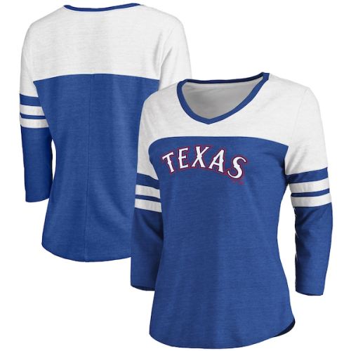 Texas Rangers Fanatics Branded Women's Official Wordmark 3/4 Sleeve V-Neck T-Shirt - Heathered Royal/White
