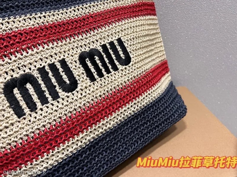 Miu Miu 缪缪 拉菲草托特包 美式復古神仙托特包 條紋草編包 女生包包