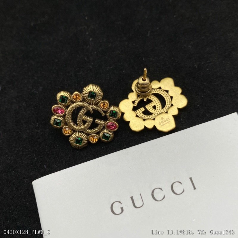 00050_X128PLW0_GUCCI古馳耳釘彩鑽搭配金色做舊復古風格帶logo