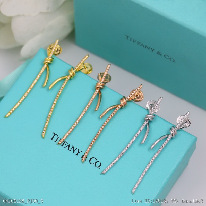 00004_X128PJ00_新款Tiffany繩結耳釘帶鑽長款銀針亞金材質帶原版logo美的窒息今年夏