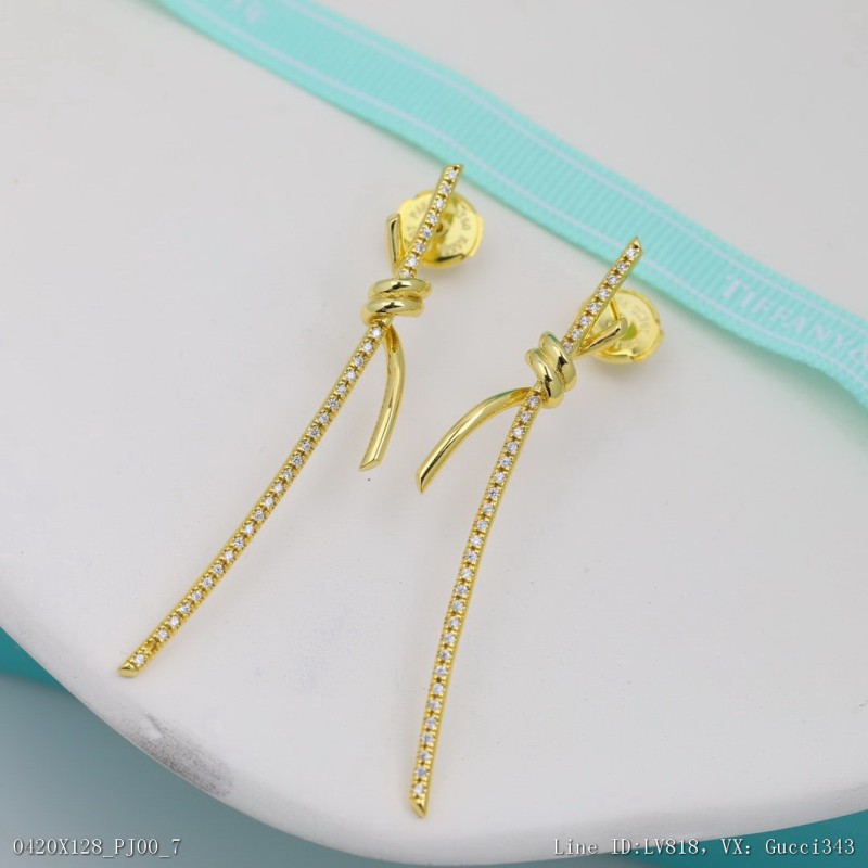 00004_X128PJ00_新款Tiffany繩結耳釘帶鑽長款銀針亞金材質帶原版logo美的窒息今年夏