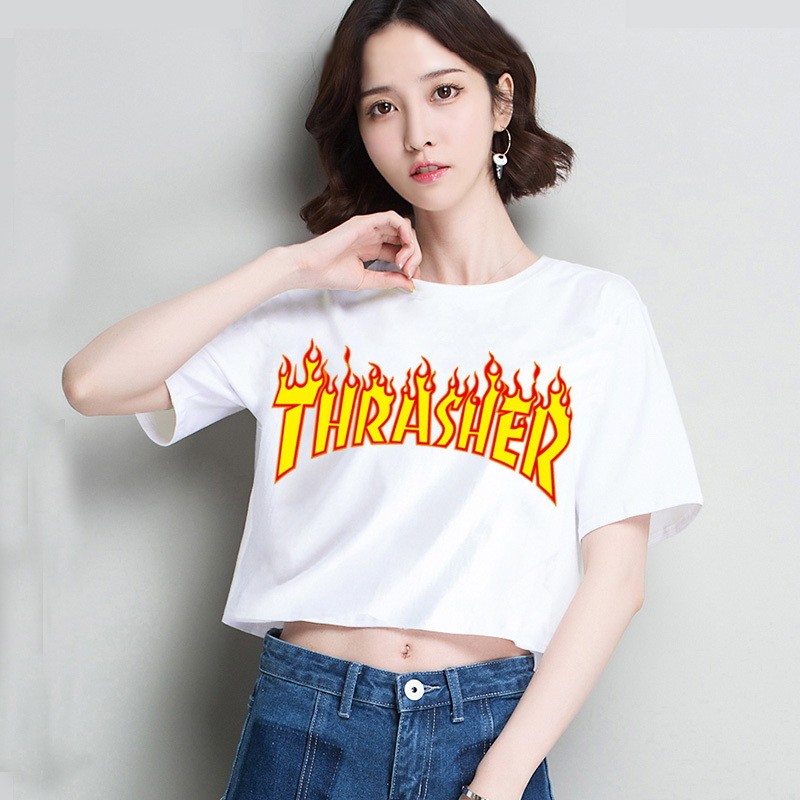 Thrasher 火焰 短袖t 恤 短袖 衣服 素t 運動上衣 上衣 女生短版上衣 短版上衣 短T 露肚臍 T恤 棉t