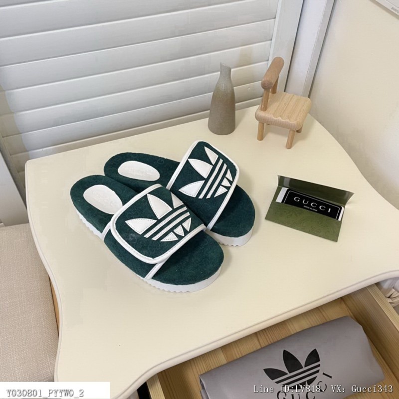 AdidasxGucci联名款三叶草魔术贴厚底拖鞋防水台拖鞋饰有Trefoil皮