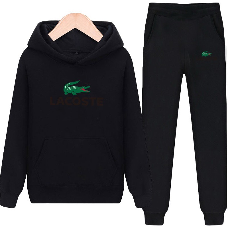 LACOSTE 鱷魚 加絨重磅 套裝 冬季帽T+長褲 休閒兩件套 男女運動套裝 字母印花