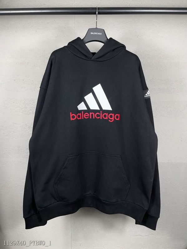 BALENCI*GA/巴黎聯名Adidas前面經典LOGO組合，刺繡帶帽衛衣。