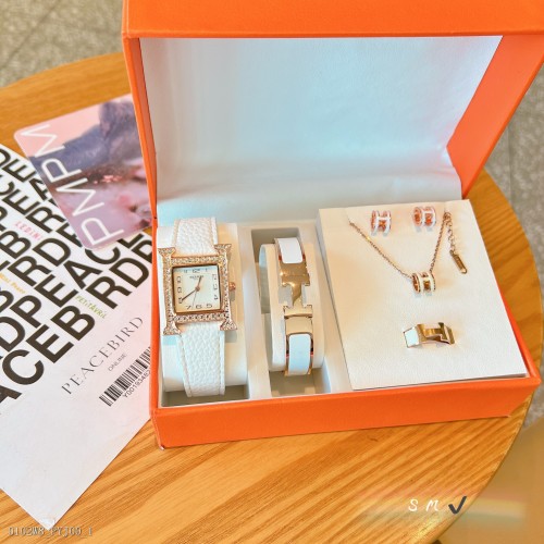 配盒Hermès【愛馬仕】H系列五件套+石英女表+鈦鋼琺琅手鐲+項鏈+耳環+戒指