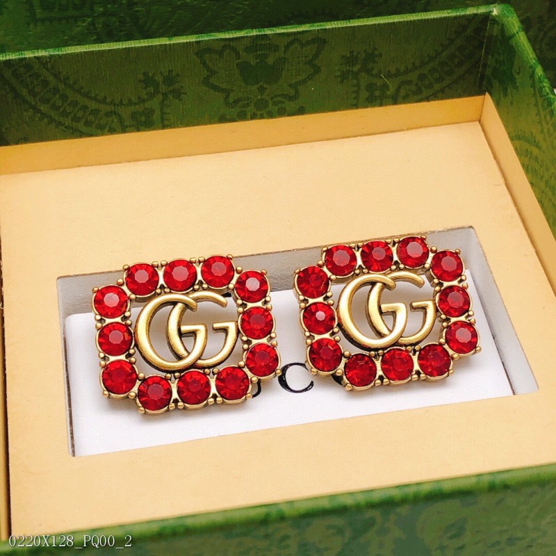 Gucci古馳新款紅鑽方形耳釘超級漂亮的一款閃閃水鑽和做舊的古金