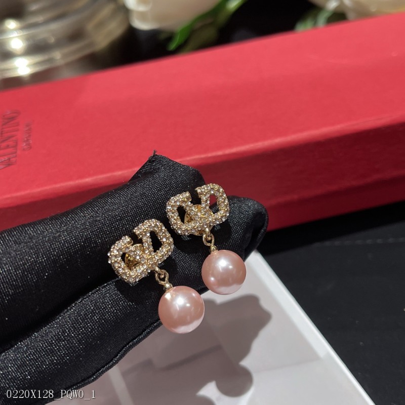 華倫天奴Valentino粉色珍珠水鑽logo耳環