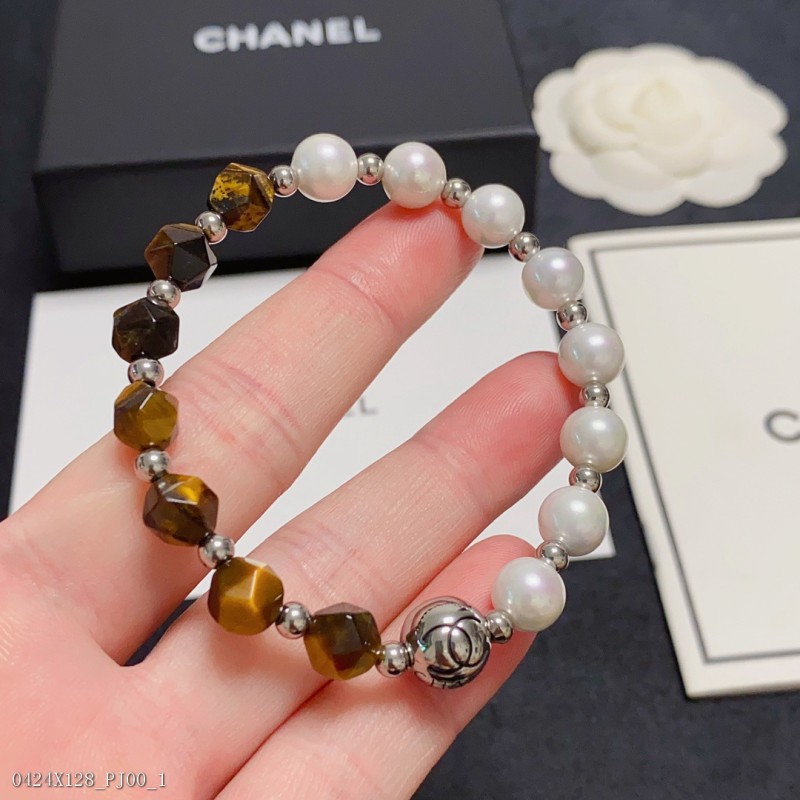 香奈兒Chanel字母雙C高級天然虎眼石珍珠手鏈！
