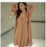 New spring and summer sling lace nightdress two-piece ice silk net red nightgown home service