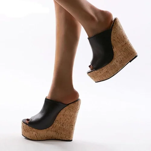 Peep Toe Platform Slippers High Quality PU Leather Sandals