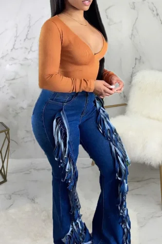 Casual Fringed Stretch Flared Jeans