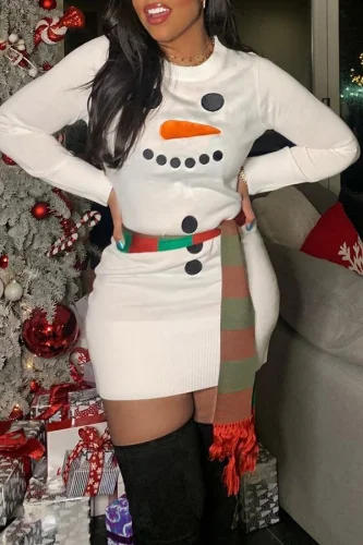 Snowman Print Christmas Dress With Belt