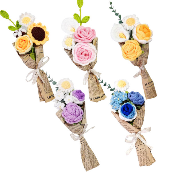 Bouquet de Fleurs Artificielles Tricotées Laine Décoration Fleur au Crochet Des Roses Cadeau Saint Valentin