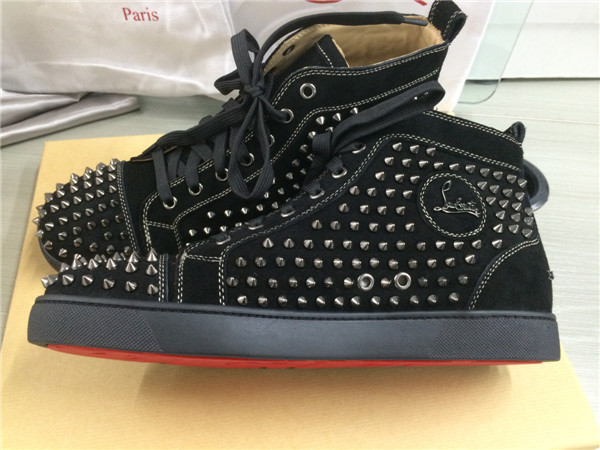 Super Max Perfect Christian Louboutin Black Suede Louis Spikes Men's Flat Sneaker With Glossy Red Sole(with receipt)