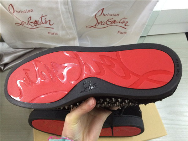 Super Max Perfect Christian Louboutin Black Suede Louis Spikes Men's Flat Sneaker With Glossy Red Sole(with receipt)