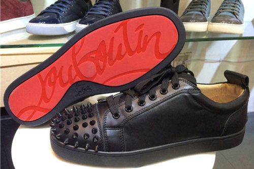 Super Max Perfect Christian Louboutin Leather Louis Junior Spikes Flat Sneakers Black(with receipt)