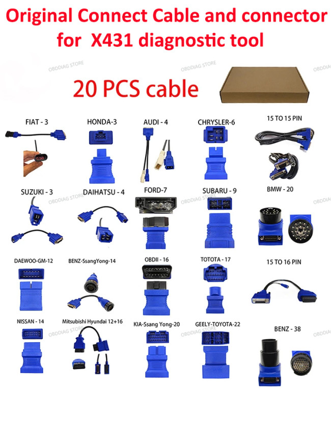 20PCS Original OBD2 Adapters &Cables For LAUNCH X431 GX3 MASTER Auto Scanner as for bmw 20PIN Adaptor BENZ 38P OBD-II Connector