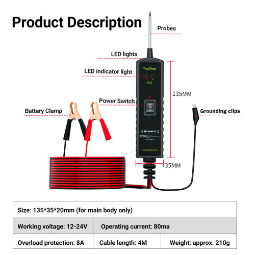 ALicar P55 Car Electrical Circuit Tester 12V 24V Power Probe Test Auto Repair Tool