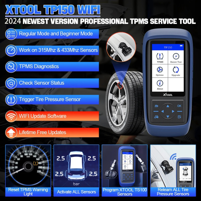 XTOOL TP150 WIFI Tire Pressure Monitor With 315&433 MHZ Sensor TS100