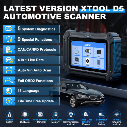 XTOOL D5 Scanner Gearbox ABS EPB Airbag Engine 5 System Diagnostic Tool