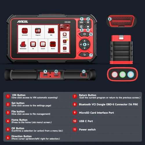 ANCEL DS300 OBD2 Automotive Scanner Bi-directional ECU Coding IMMO A/F Adjust