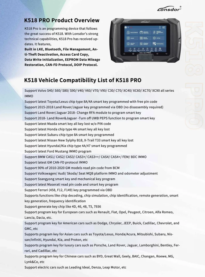 Lonsdor K518 Pro Global Full Version Car Key Programmer Support Can FD and DOIP