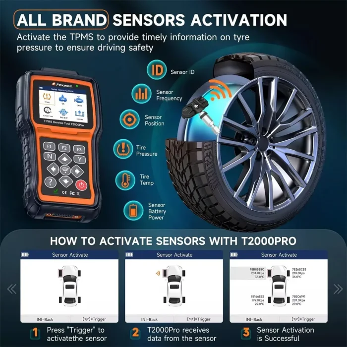 FOXWELL T2000 PRO Auto Tire Pressure TPMS Relearn Activate Sensors Programming Tool