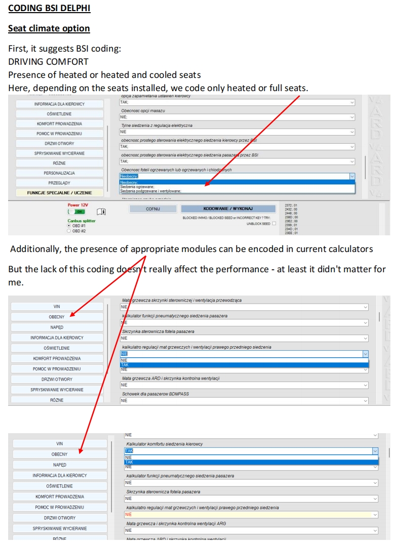 CODING BSI DELPHI Seat climate option
