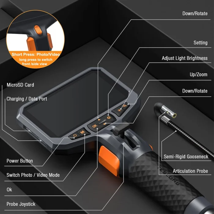 Dual Lens Car Articulating Borescope 1080P 360° Steering Endoscope Camera 1.55m Snake Tube