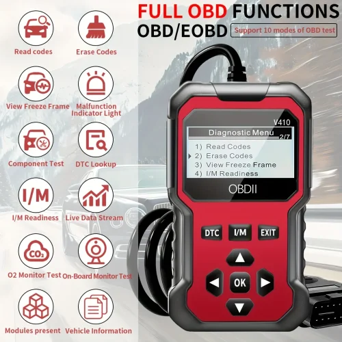 V410 OBD2 Scanner: Engine Light Fix, Live Data & Codes for Cars/Trucks Since 1996 | Freeze Frame, Voltage Test, Portable w/Case