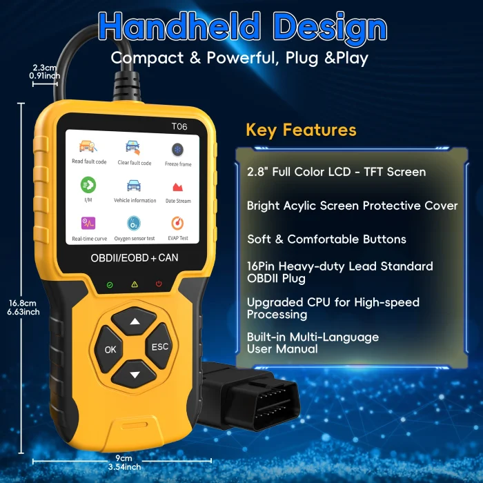 T06 OBD2 Scanner Enhanced Check Engine Code Reader with Fault Code Reset & I/M Readiness