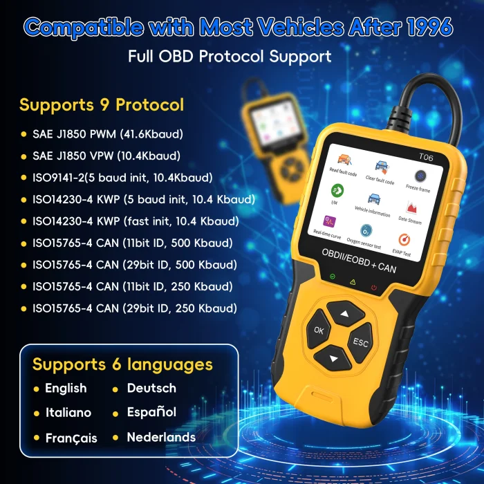 T06 OBD2 Scanner Enhanced Check Engine Code Reader with Fault Code Reset & I/M Readiness