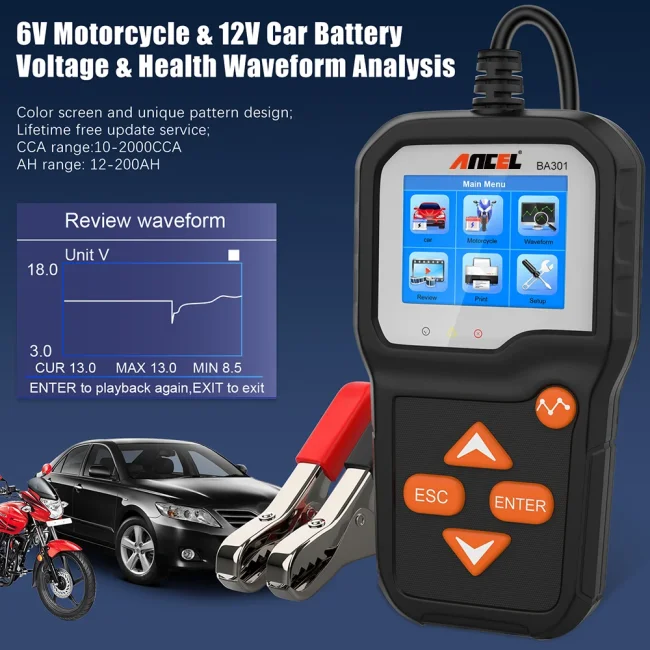 ANCEL BA301 Battery Tester 6-12V Diagnostic Tool for CCA, Battery Health, and Vehicle Charging Systems