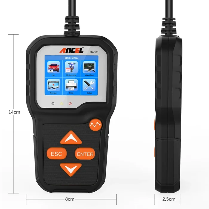 BA301 battery tester overview with sleek handheld device