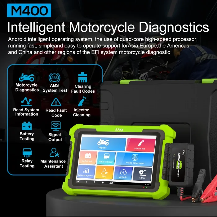 JDiag M400 Motorcycle Diagnostic Scanner ABS Test & Data Printing Battery Test EFT Code clean For Kawasaki Yamaha Honda KTM
