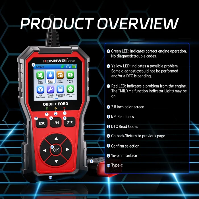2026 KONNWEI KW330 Car OBD2 Fault Scanner Engine Battery Test Fault Code Clear Real-Time Data