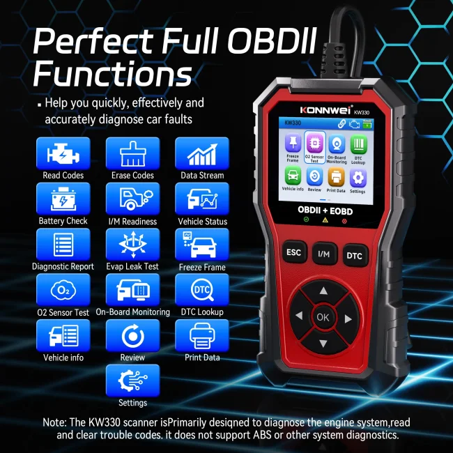 2026 KONNWEI KW330 Car OBD2 Fault Scanner Engine Battery Test Fault Code Clear Real-Time Data
