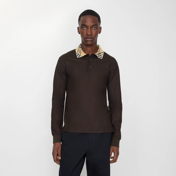 Burberry Long-sleeve Check Collar Cotton Polo Shirt FZTX5291