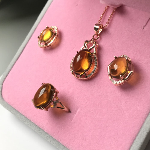 Amber three piece set (pendant, ear pin, ring)