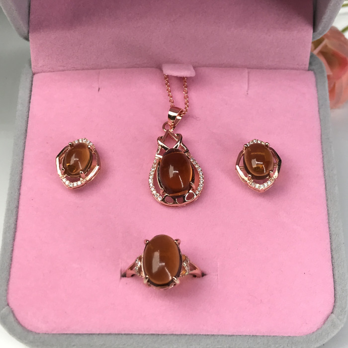 Amber three piece set (pendant, ear pin, ring)