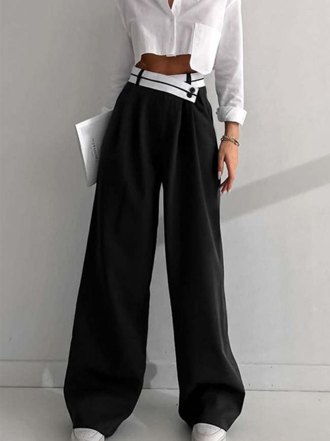 Contrast Waistband Wide Leg Dress Pants