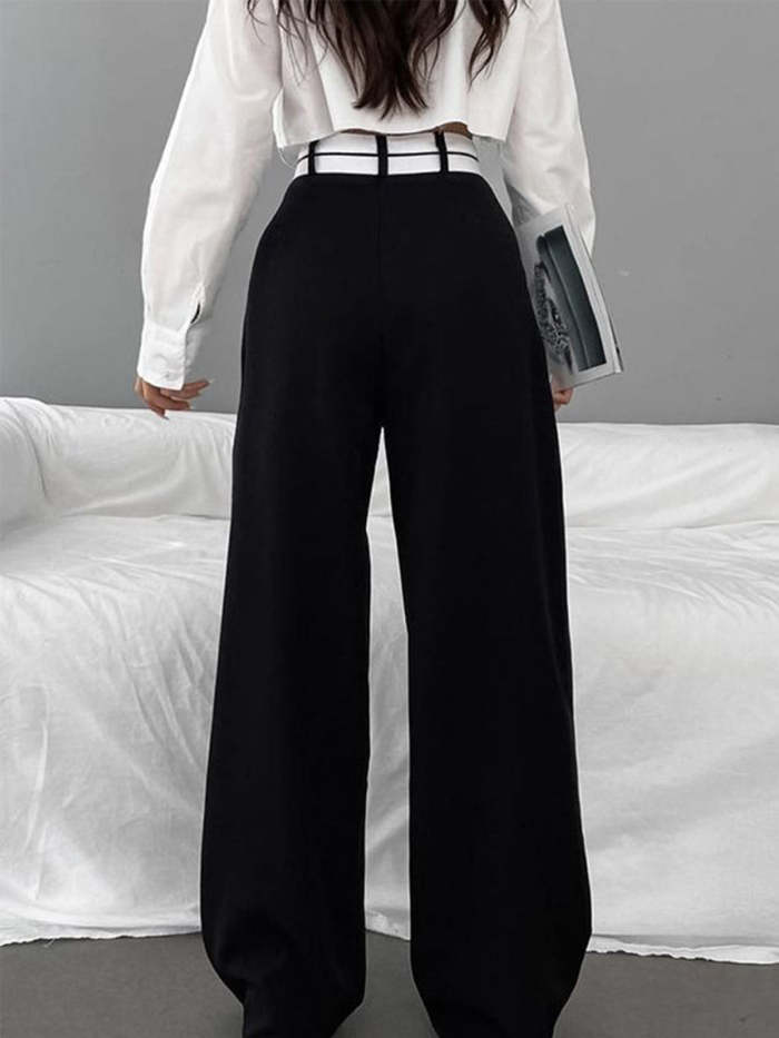 Contrast Waistband Wide Leg Dress Pants