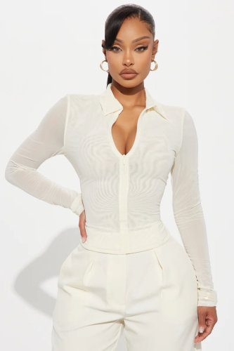 Elisha Zip Front Mesh Top - Cream