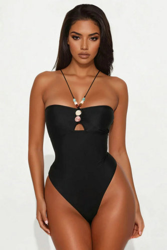Leilani Y-Neck Beaded Bodysuit - Black