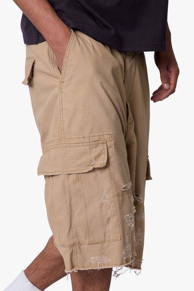 Baggy Distressed Cargo Shorts - Washed Khaki