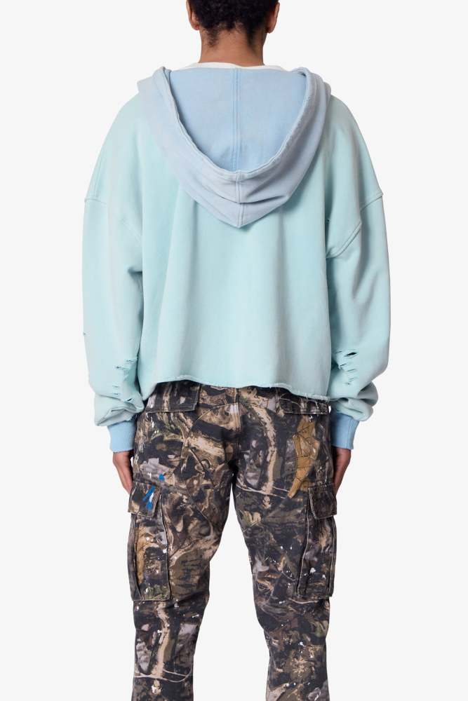 Destroyed V Neck Hoodie - Light Blue