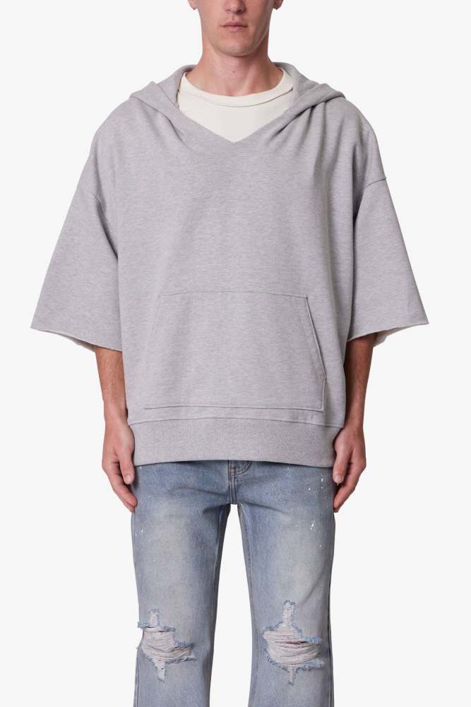 Hooded 3/4 Sleeve Rag Sweater - Grey